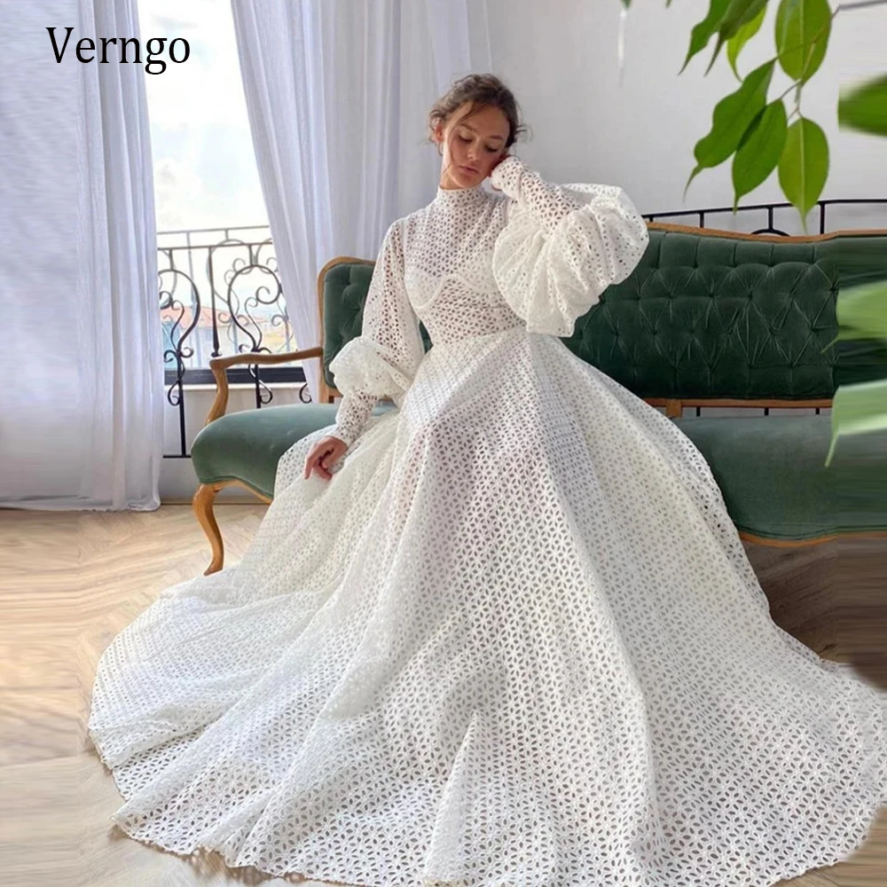 Verngo New Design 2023 Full Lace Wedding Dress A Line High Neck Puff Long Sleeves Princess Bride Dresses 2021 Robe de mariee