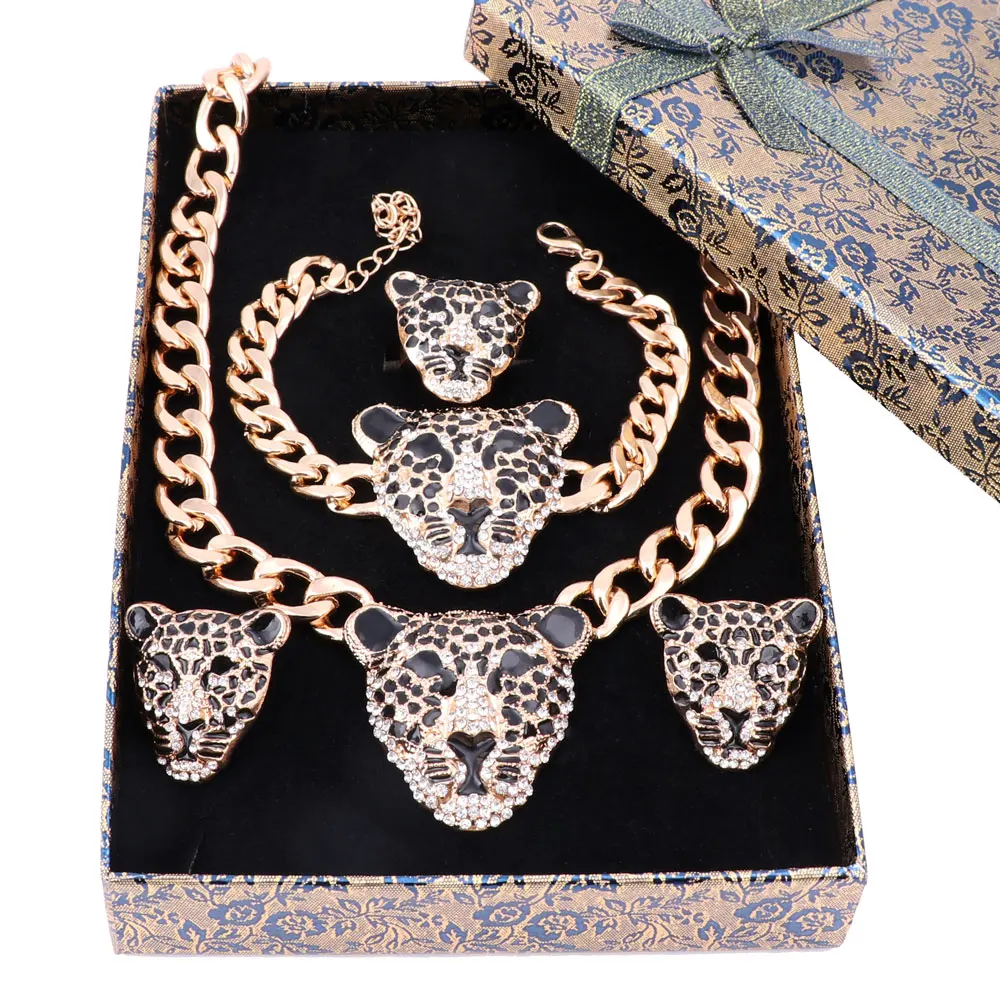 Dubai Gold Color Crystal Enameled Leopard Pendant Statement Necklace Bracelet Earrings Ring Costume Jewelry Set