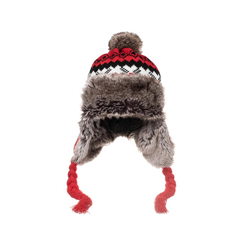 FS Gray Red Knit Women Winter Earflap Hat Warm Woolen Trapper Bomber Hats For Men Outdoor Windproof Russian Cap With Fur Pompom