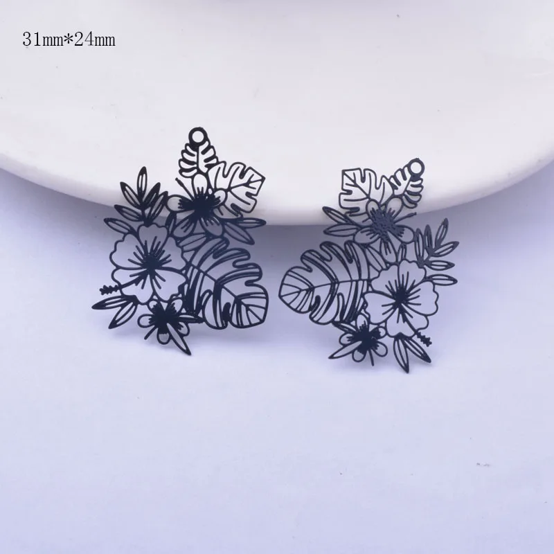 6pcs Brass Thin Black Flower And Leaf  Charms DIY Making Eearring Pendant Jewelry Findings