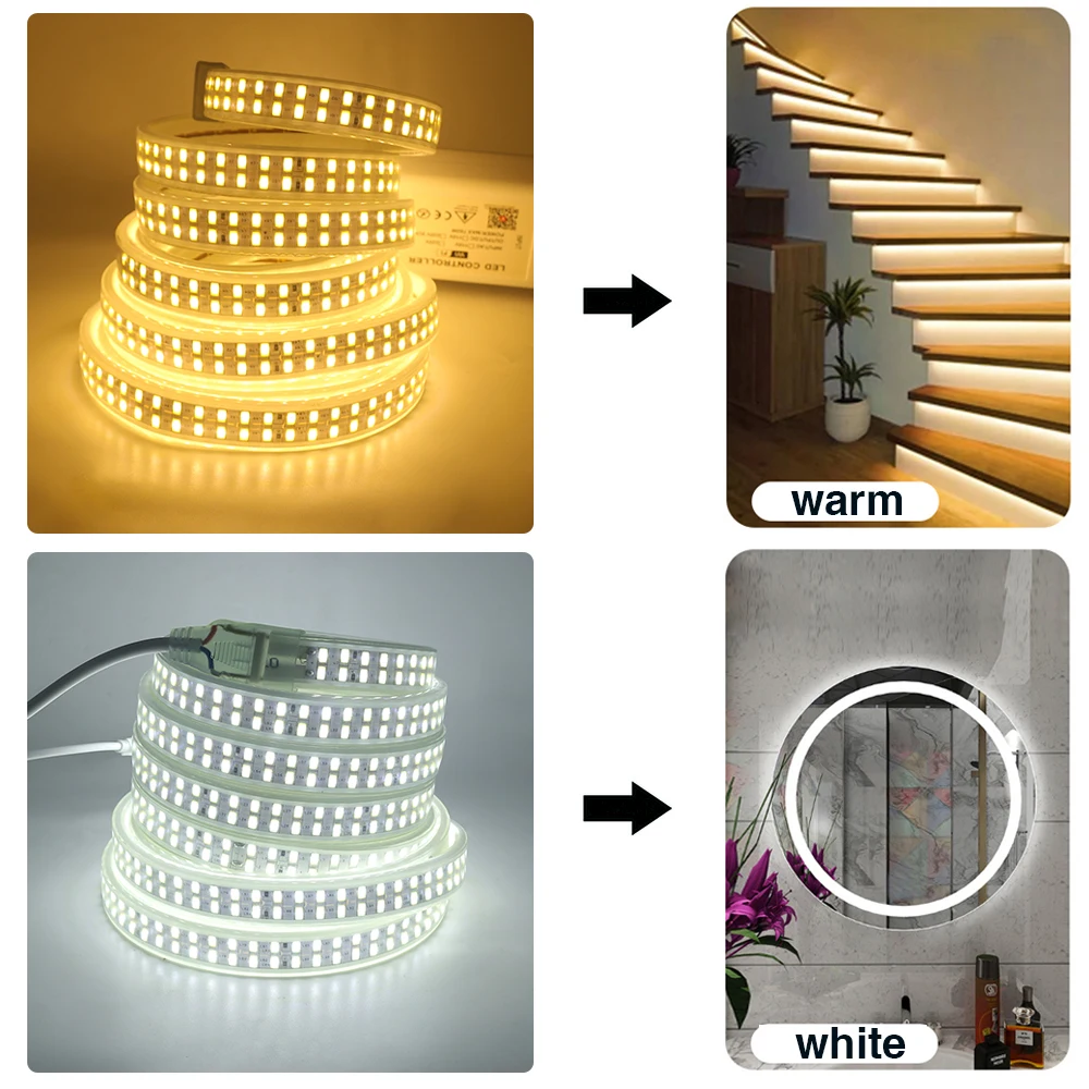 5730 Led Strip 220V 110V Waterproof Warm White/White 240Leds/m Double Row Flex Ribbon Tape LED Stripe With Switch EU/US/UK