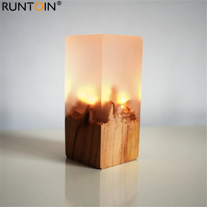 Creative LED Resin Solid Wood Night Light USB Home Decoration Gift Table Lamp Atmosphere Living Room Bedroom Lamp Holiday Gift