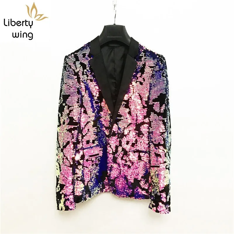 

Luxury Sequined Slim Men Night Club Singer Stage Clothes Pink Single Breasted Jacket Fashion Party Blazer Masculino M-3XL