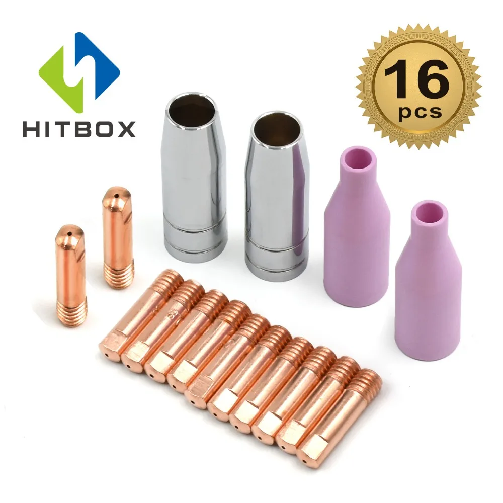 HITBOX Mig Set di ugelli 16 pezzi AK15 per saldatura Torch Cap Tip Contact 0.8mm MB15 accessori in ceramica