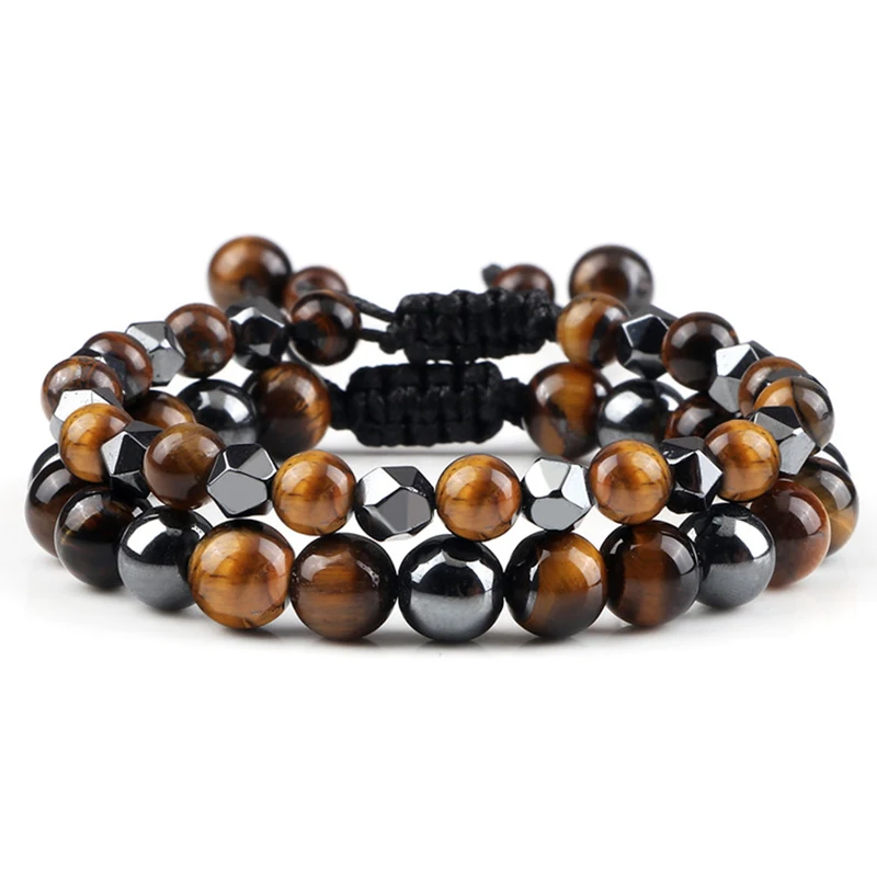 Hot Sale 2Pcs/Set Natural Stone Bracelets Hematite Tiger Eye Beads Healing Men Women Braided Bracelet For Couple Jewelry Pulsera