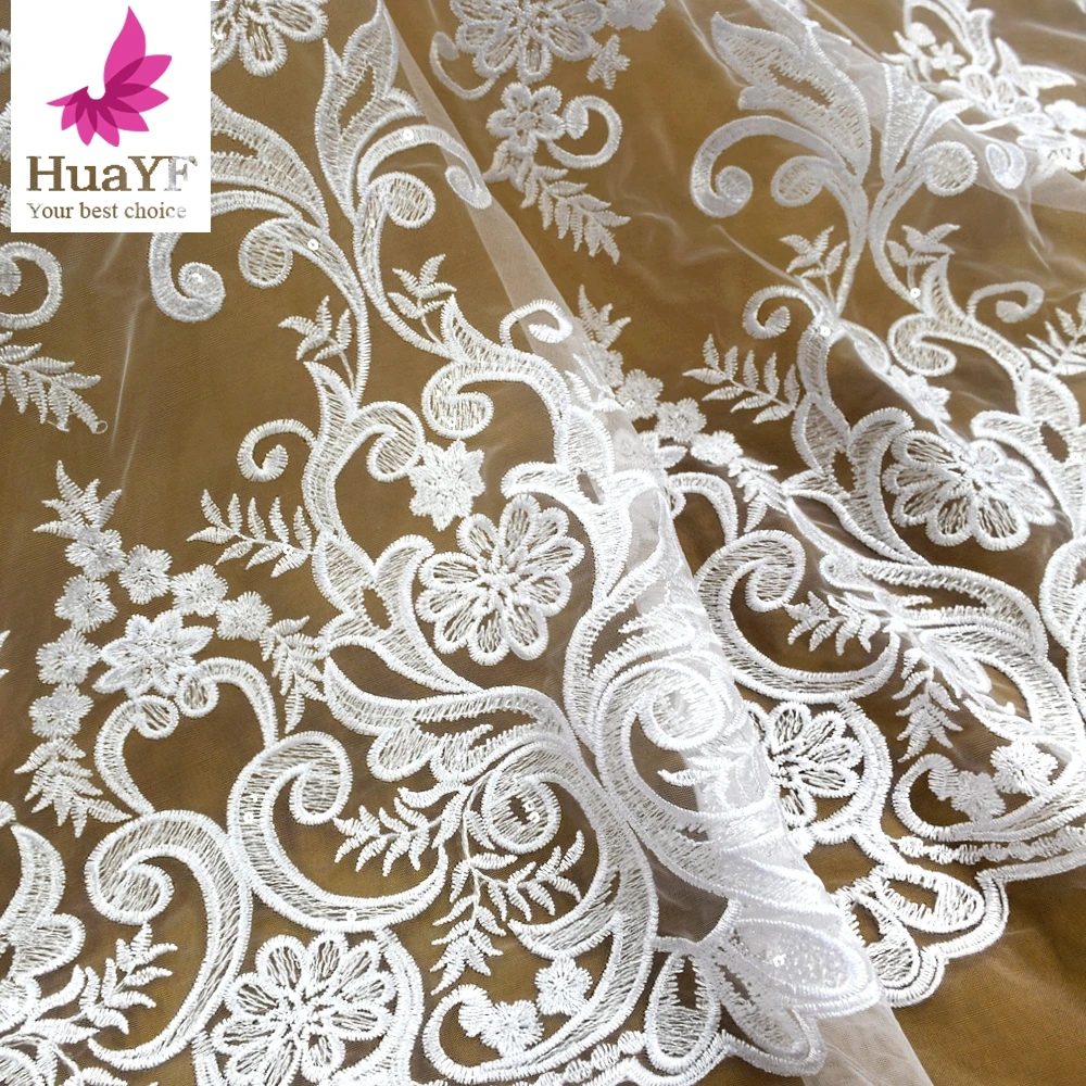 

1 Yard French Bridal Tulle Embroidery Lace Sequence Fabrics For Wedding Dress HY1405