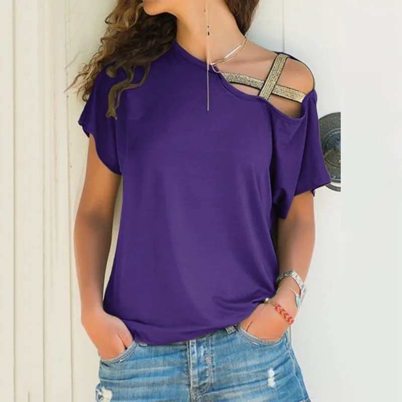 S-5XL Women Skew Neck Irregular Criss Cross Blouse Patchwork Solid Tops Blusa Femme One Shoulder Summer Shirt Hollow