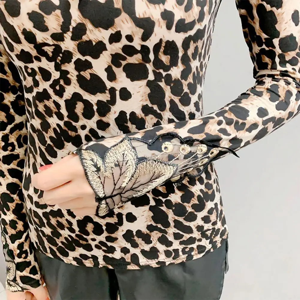 Camisas sensuais de renda feminina, manga comprida, estampa leopardo, bordado em folhas, blusa básica pura, camisas casuais, roupas femininas, primavera e outono