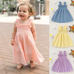 Toddler Kids Girl Princess Dress Cotton Linen Solid Ruched Tutu Summer Outfits Pink Cute Dress 12M-5T 2020 Newest Trendy