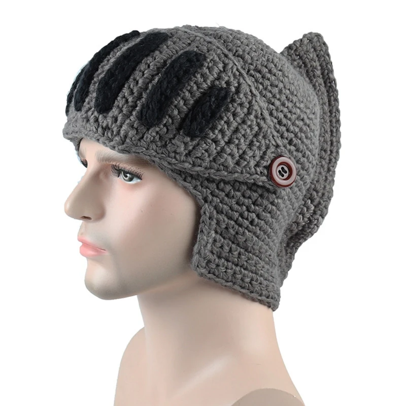 Unisex Autumn Crochet Knitted Roman Knight Helmet Beanie Hat Solid Color Barbarian Earflap Skullies Cap with Removable Gladiator