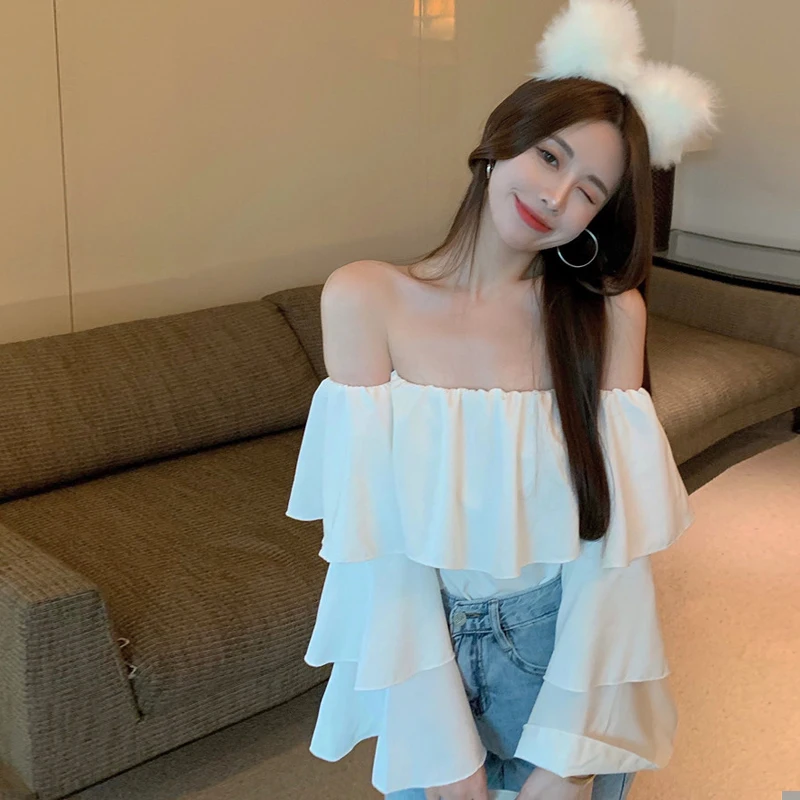 Sexy Blouses Women Camisa De Gasa Summer Thin Pure Color Slash Neck Leisure Folds Streetwear Ladies Korean Design Off Shoulder