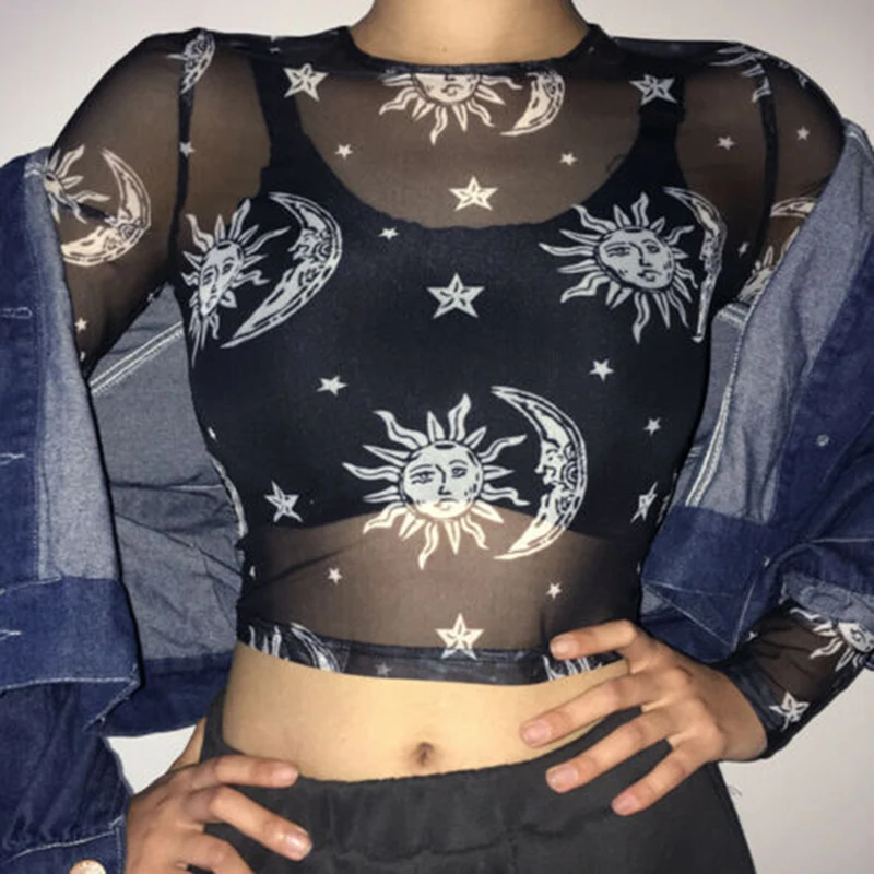 2024 Women Sexy Harajuku Mesh Tops Long Sleeve See Through T Shirt Transparent Sun Moon Star Print T-shirt Femininas Clubwear