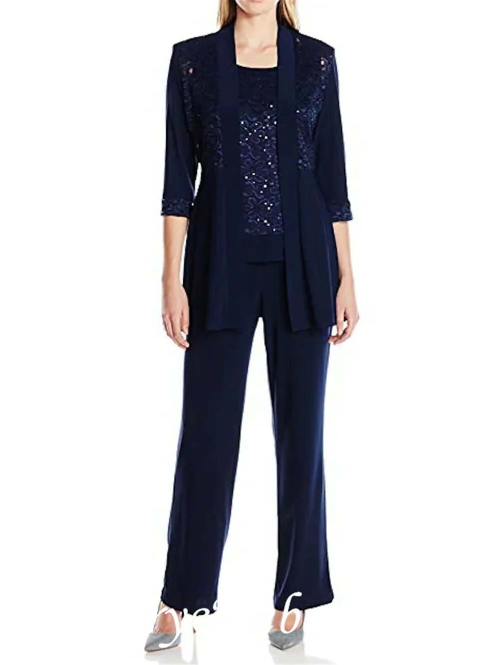 Pantsuit / Jumpsuit Mother of the Bride Dress Wrap Included Jewel Neck Floor Length Half Sleeve with Crystals 2021