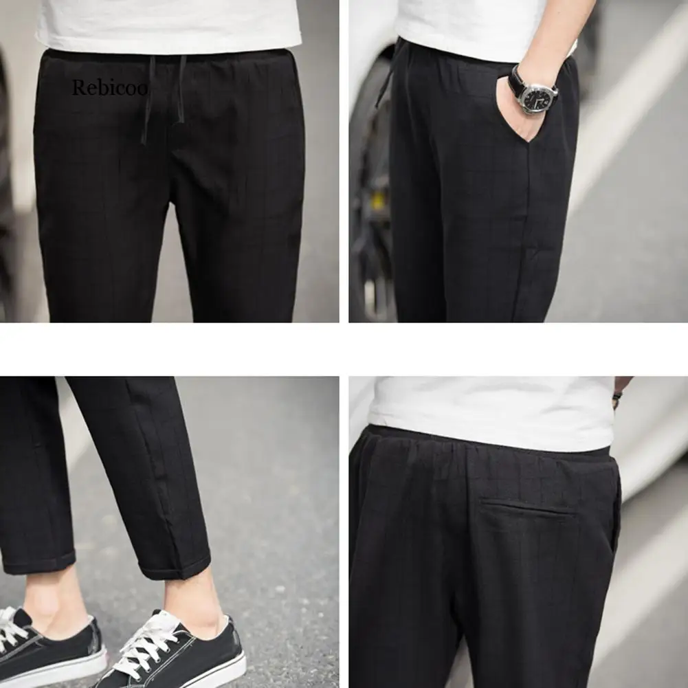 New Trendy  Pants Men Plaid Drawstring Pocket Elastic Waist Pencil Trousers  Casual Harem Pants Men Trousers