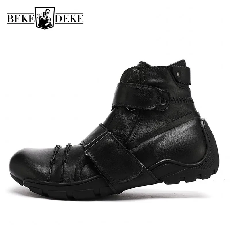 Vintage Mens Casual Genuine Leather Round Toe Biker Boots Cowhide High-Top Spliced Winter Warm Outdoor Fashion Ankle Boot