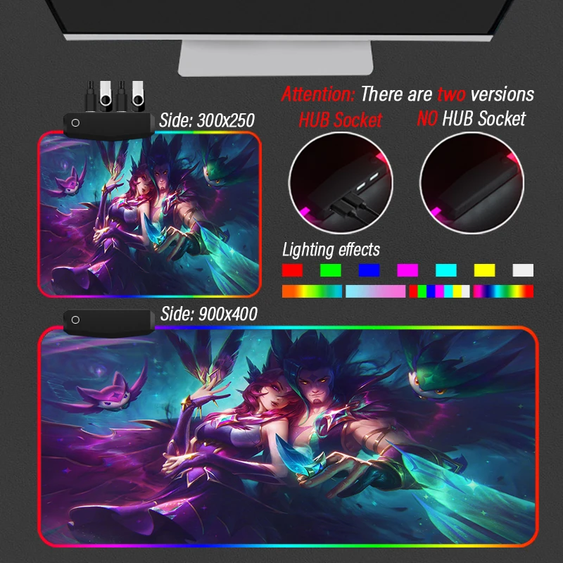 Imagem -02 - Escritório Liga de Lendas Brilhante Lol Yasuo Mousepad com Hub Kda Akali Usb Porto Mouse Pad Rgb Personalizado Kawaii Jogo Tapete para Computador