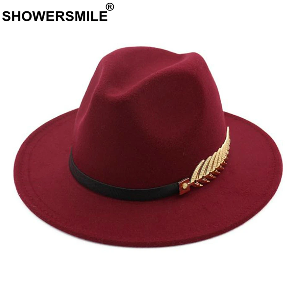 

SHOWERSMILE Burgundy Women Fedora Hat Winter Female Wool Felt Hat Leaf Large Brim British Style Retro Jazz Cap Accessories