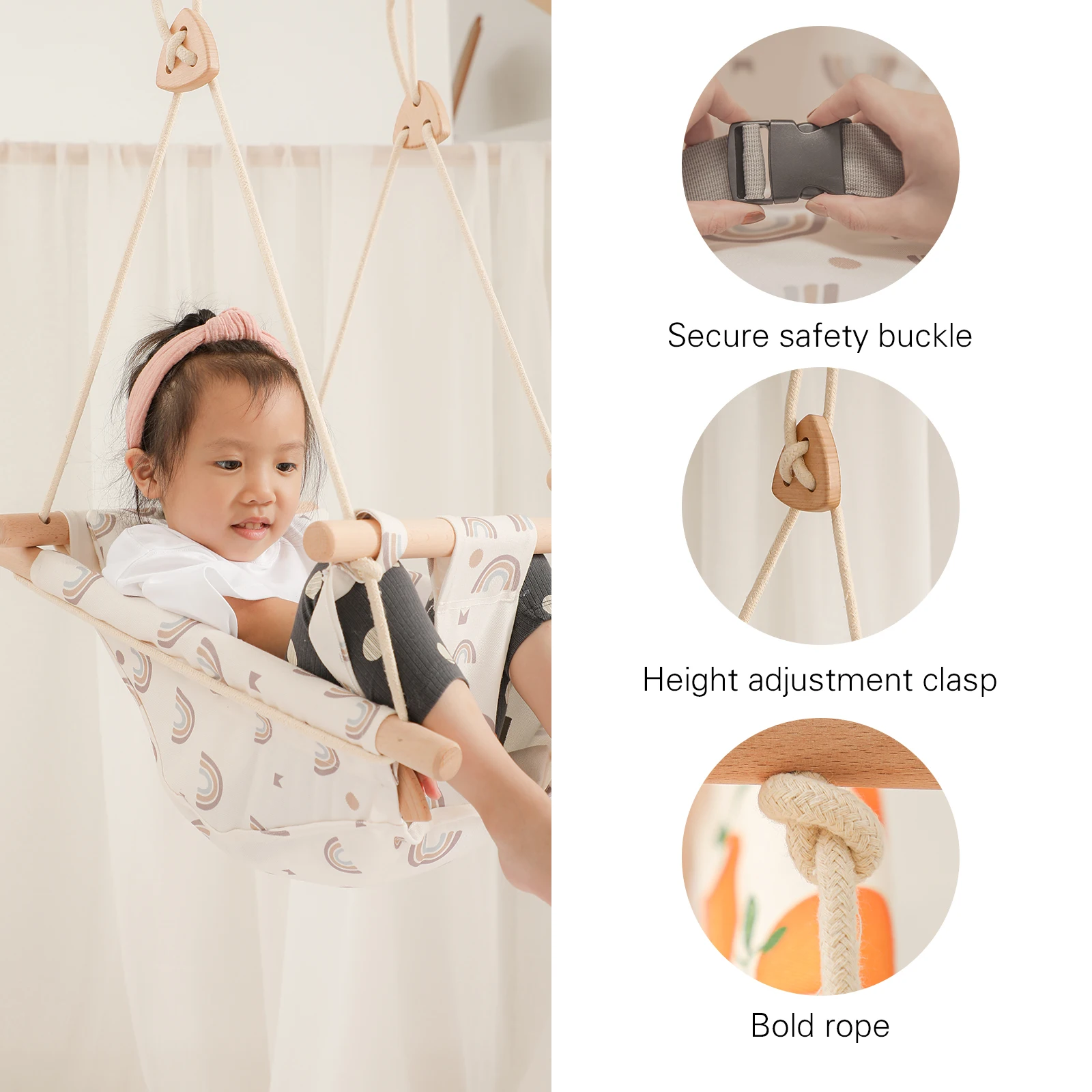 Baby Swing Chair Canvas Hanging Wood Children Baby Rocker Toy Safety Baby Bouncer Outside Swing Chair Toy Rocker For Children