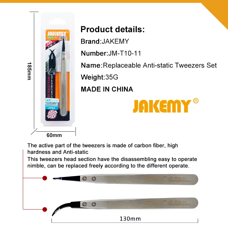 Jakemy JM-T10-11 de alta qualidade substituível anti-estática pinças de aço inoxidável para o telefone móvel ferramenta de reparo de desmontagem