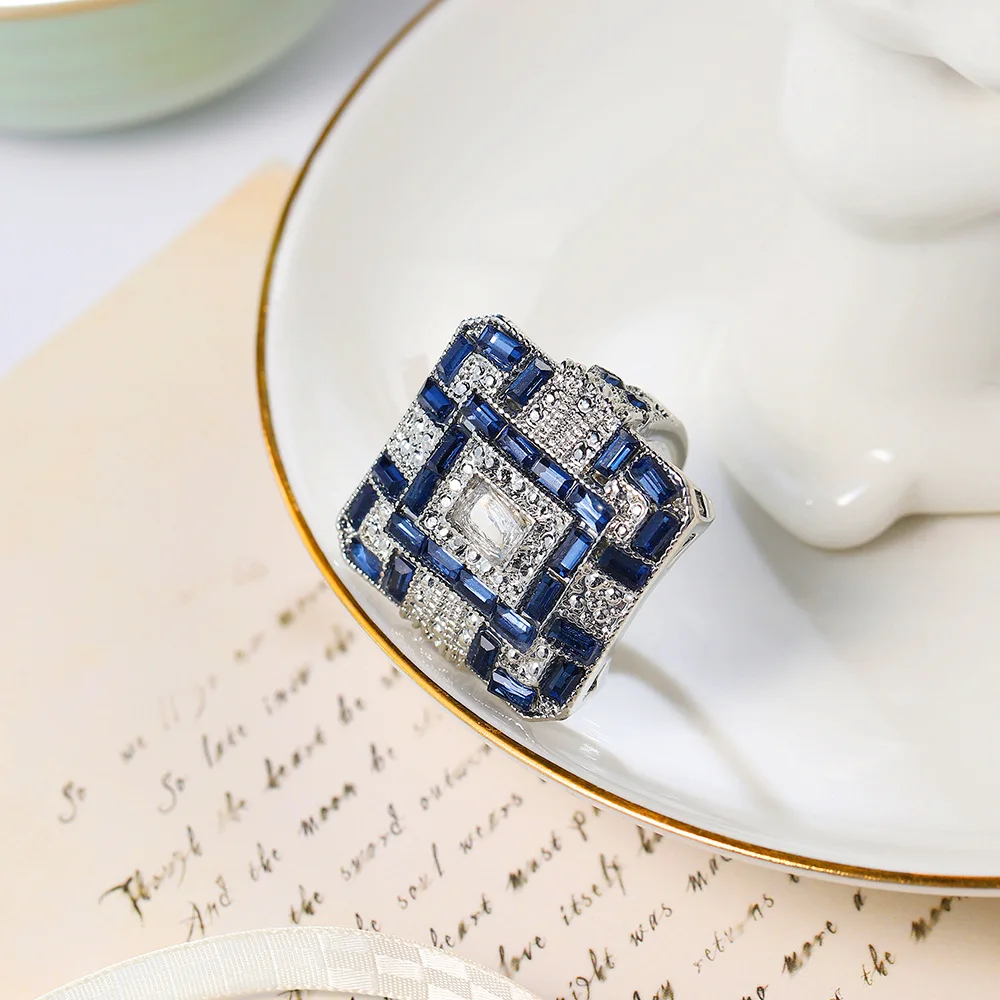 Vintage Style Blue White CZ Zircon Stone Silver Color Square Rings For Women Fashion Wedding Engagement Jewelry Hot Sale