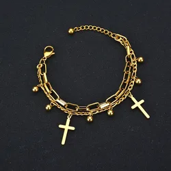 2022 Stainless Steel Cross Layered Bracelet Ladies Charm Gold color Fashion Wrist Bracelet Jewelry брелок