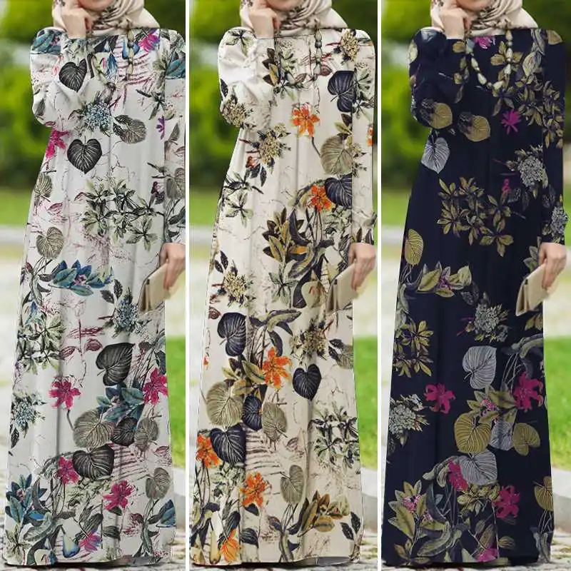 ZANZEA Women Spring Muslim Dress Kaftan Printed Floral Dress Abaya Morocco Long Maxi Dress Bohemian Casual Sundress Robe Femme