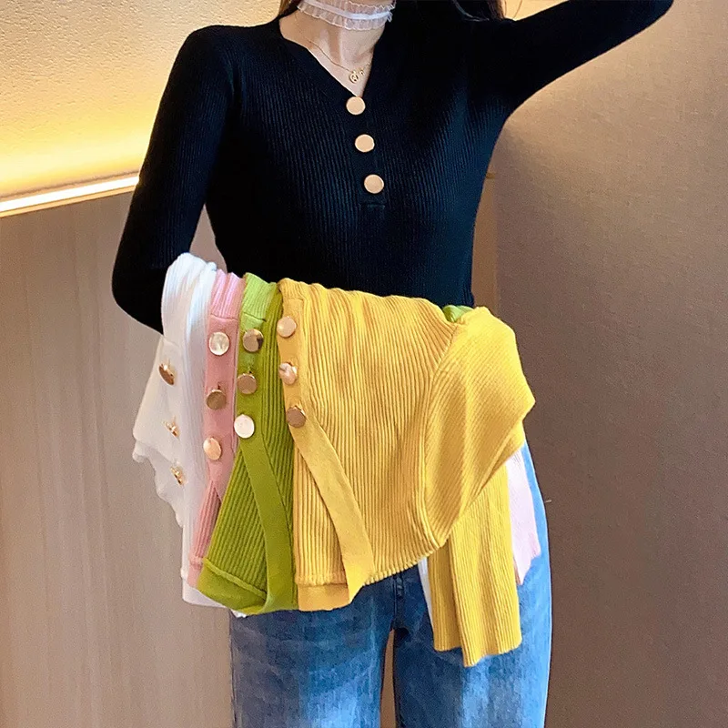 

Новый свитер в корейском стиле, женский вязаный джерси, пуловер, осенний, с v-образным вырезом, на пуговицах, тонкий, цветной, повседневный, теплый, пуловер, одежда