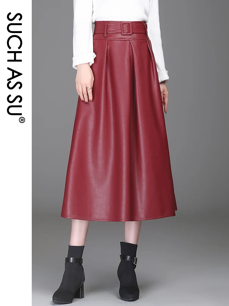 Y2K Autumn Winter New Ladies Black Brown Red Skirts Pockets Pleated High Waist Female 2024 PU Leather Size Women Skirts