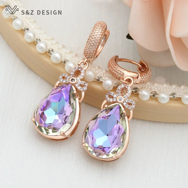 S&Z DESIGN New 2021 Fashion Luxury Cubic Zirconia Water Drop Colorful Crystal Dangle Earrings For Women Wedding Elegant Jewelry