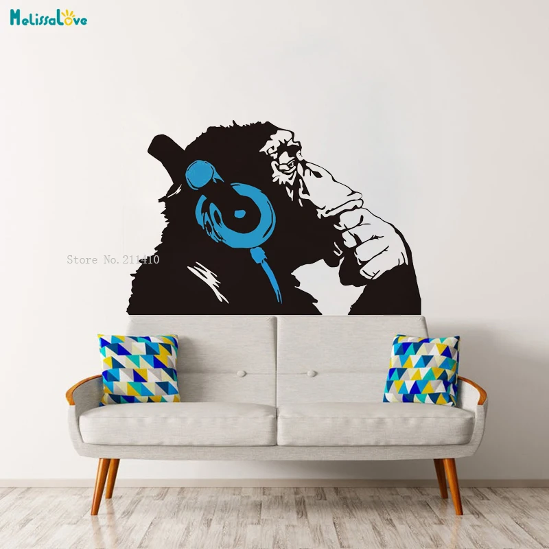 Graffiti Monkey With Headphones Custom Two Colors Wall Stickers Chimp Head Listening to Music Earphones DJ Vinyl Decals YT4091