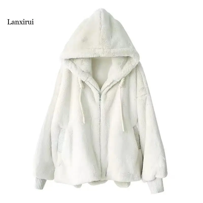 Autumn Winter Loose Hooded Plush Jacket Large Size Imitation Rabbit Fur Coat Youth Student White Zipper Plush Jacket Cardigan