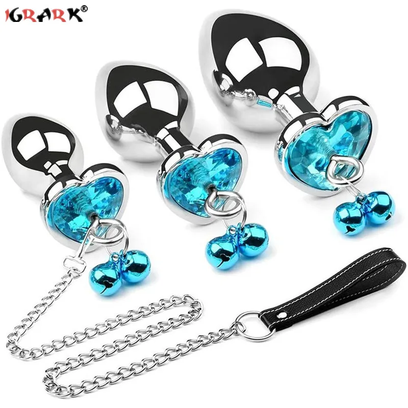 Crystal Heart Buttplug Stainless Steel Leash Chain Anal Plug Bells Pendant Prostate Massager SM Erotic Sex Toys For Women Men