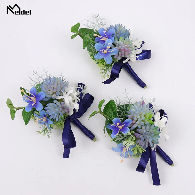 Blauw Wit Pols Armband Voor Bruidsmeisjes Bruidegom Boutonniere Pins Manchet Armband Zijde Bruiloft Getuige Zus Broche Corsage Bloem