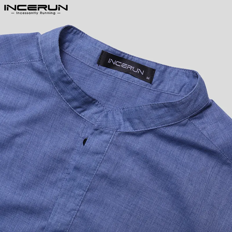 INCERUN-남성 셔츠, 단색 스탠드 칼라, 긴 루즈 빈티지 캐주얼 상의, 인도 의류, Camisa 슬리브, 남성 롱 셔츠, 2023, 5XL