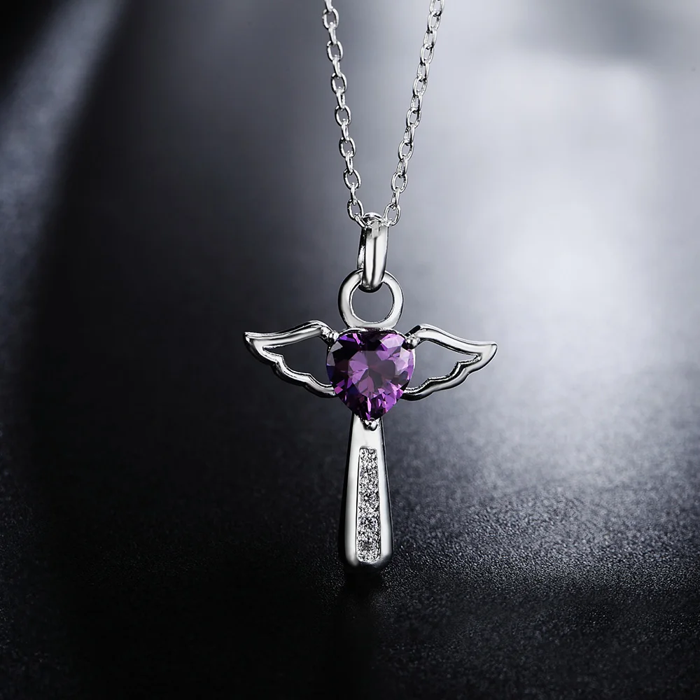 DOTEFFIL 925 Sterling Silver 18 Inch Chain Purple/White AAA Zircon Cross Heart Necklace For Women Fashion Wedding Charm Jewelry