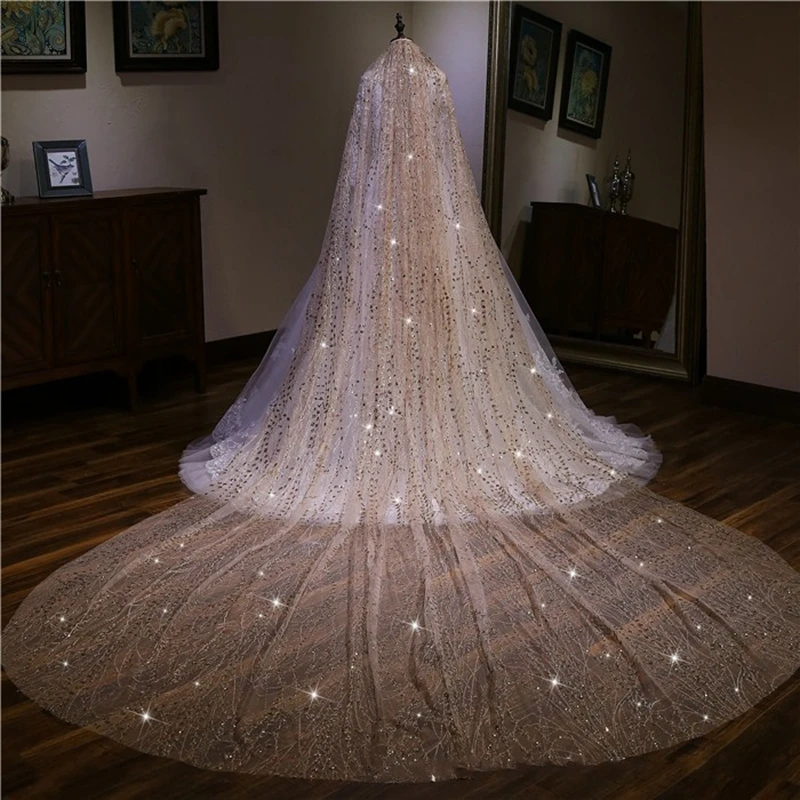 New Arrival Sequine Lace Champagne Veil 3 Meter Long Bridal Veil Welon slubny bruiloft Veu de noiva longo Long Wedding veils