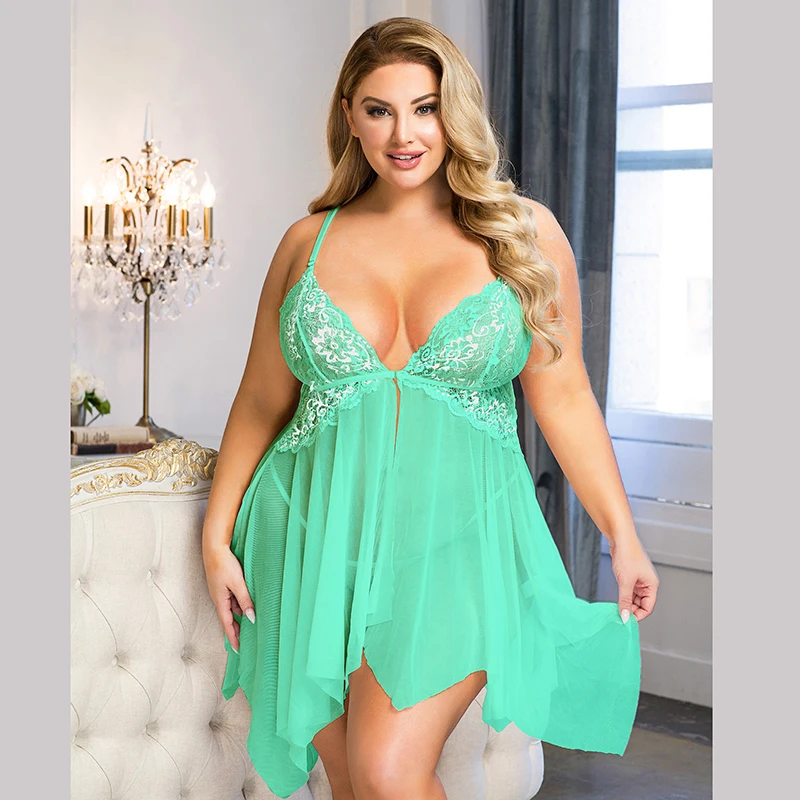 Comeondear Plus Size Sleepwear abito da notte da donna chiusura frontale Chemise De Nuit Femme top da notte pigiama in pizzo a rete donna Sexy