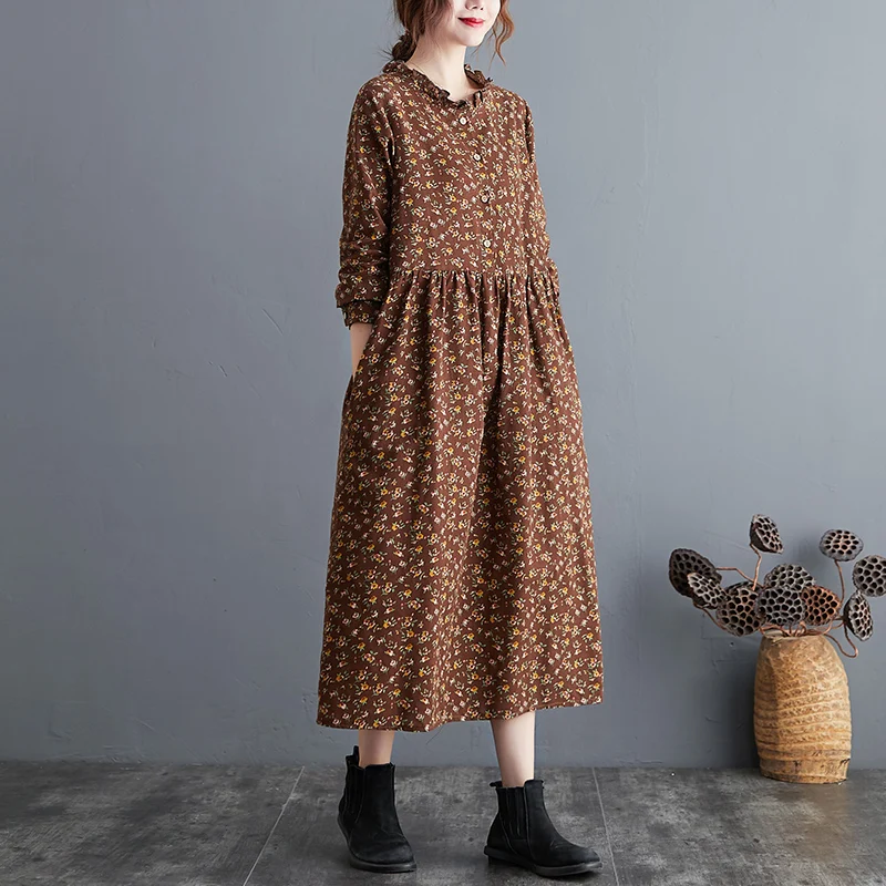 2023 New Arrival Cotton Blend Autumn Dress Long Sleeve Spring Dress Print Floral Prairie Chic Blouse Dress Women Casual Dress