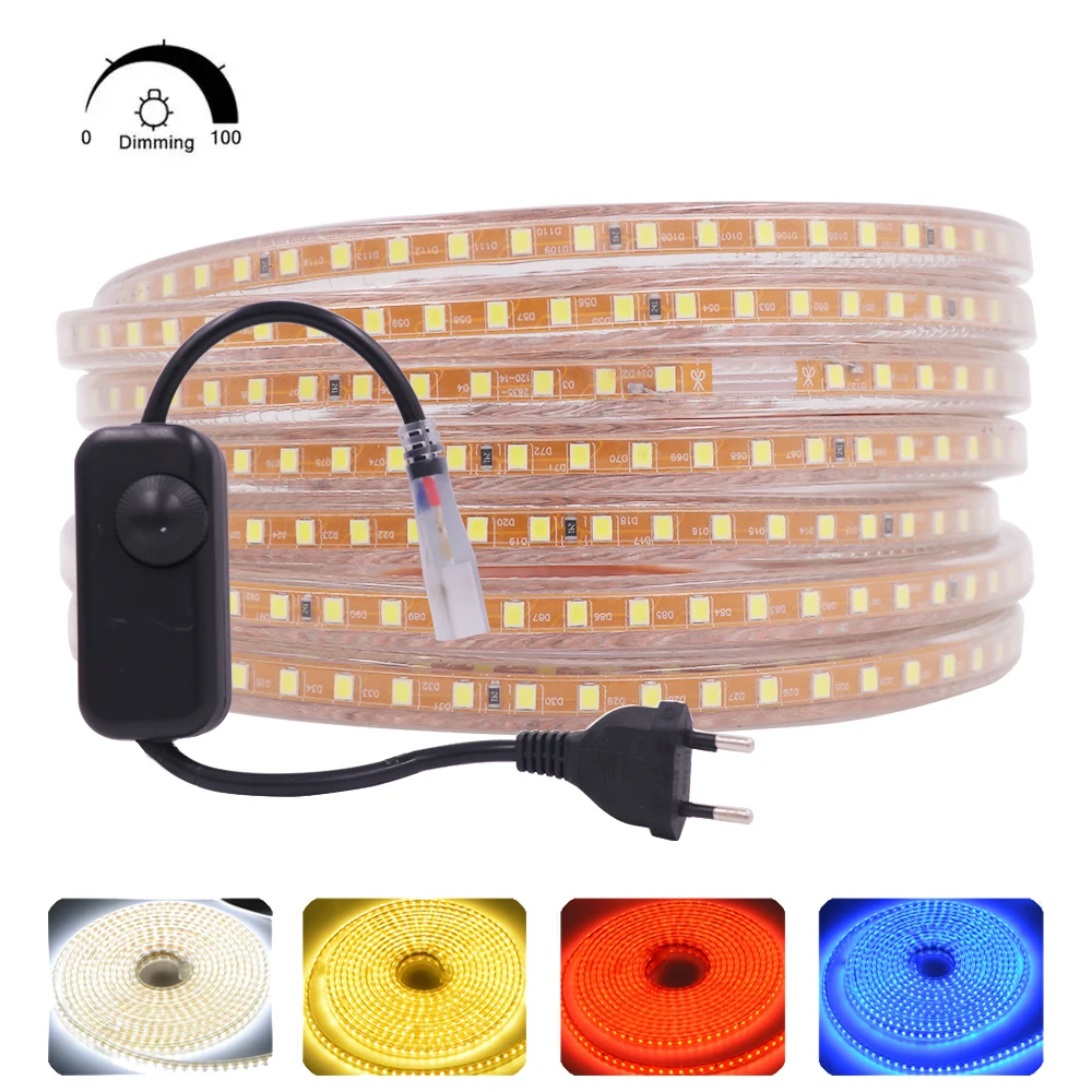 

LED Strip Light AC 220V 2835 Waterproof Dimmable Led Strip High Brightness 120LEDs/m Flexible Tape Light With Dimmer Home Decor