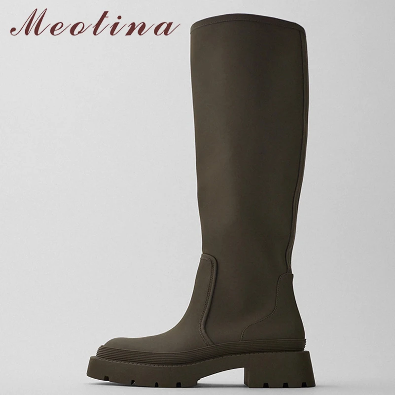 

Meotina Women PU Leather Riding Boots Thick Med Heel Knee High Boots Round Toe Fashion Ladies Boots Autumn Winter Green 35-40