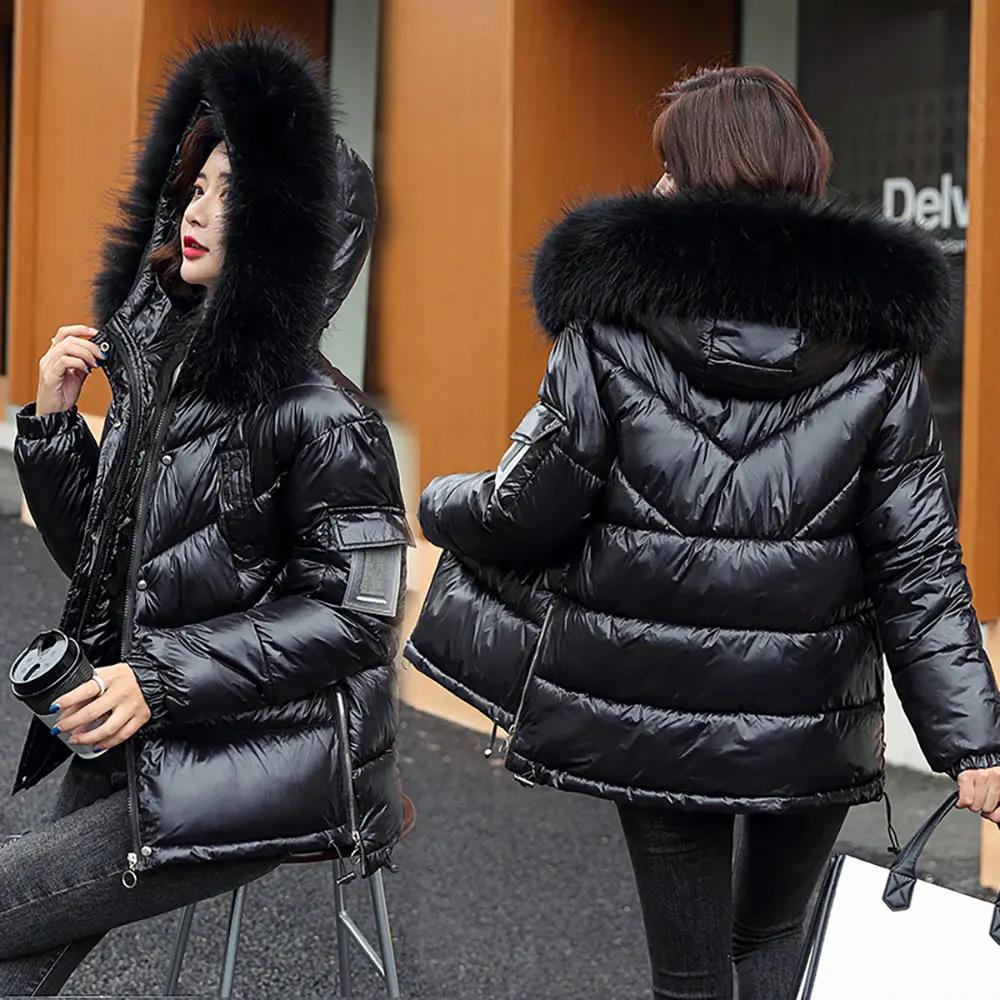 PinkyIsBlack Women Winter Hooded Thick Short Jacket Solid Casual Glossy Warm Cotton Padded Parkas Fur Collar Winter Coat Women