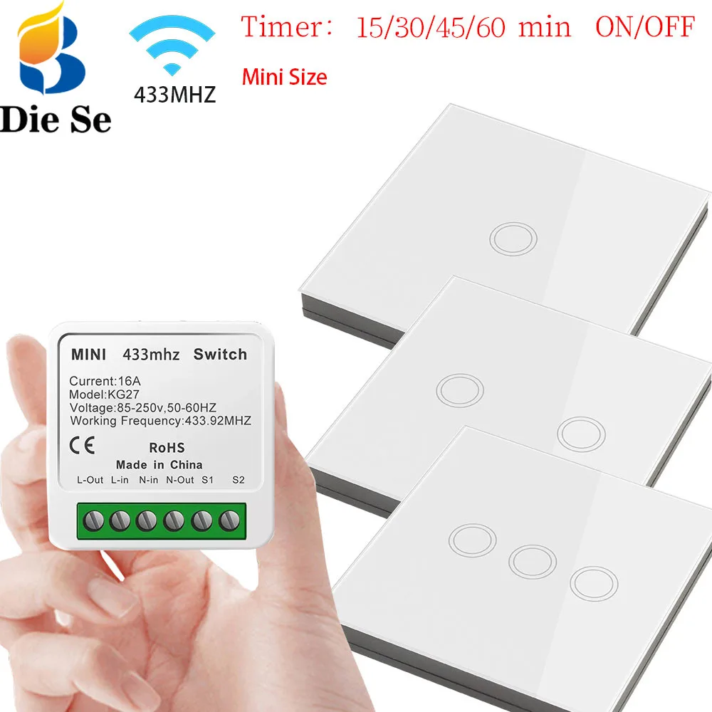 Mini Smart Home Light Swtich Rf 433mhz Interruptor 16A 220V Timer Wireless Glass Wall Panel Touch Swtich Remote Control LED