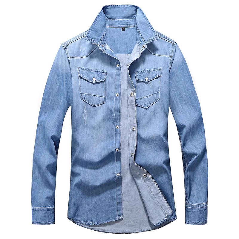 New style Spring Autumn Leisure time Men Denim Thin Shirt Long Sleeve Soft  Two Pockets Slim Slight  Jeans Cowboy