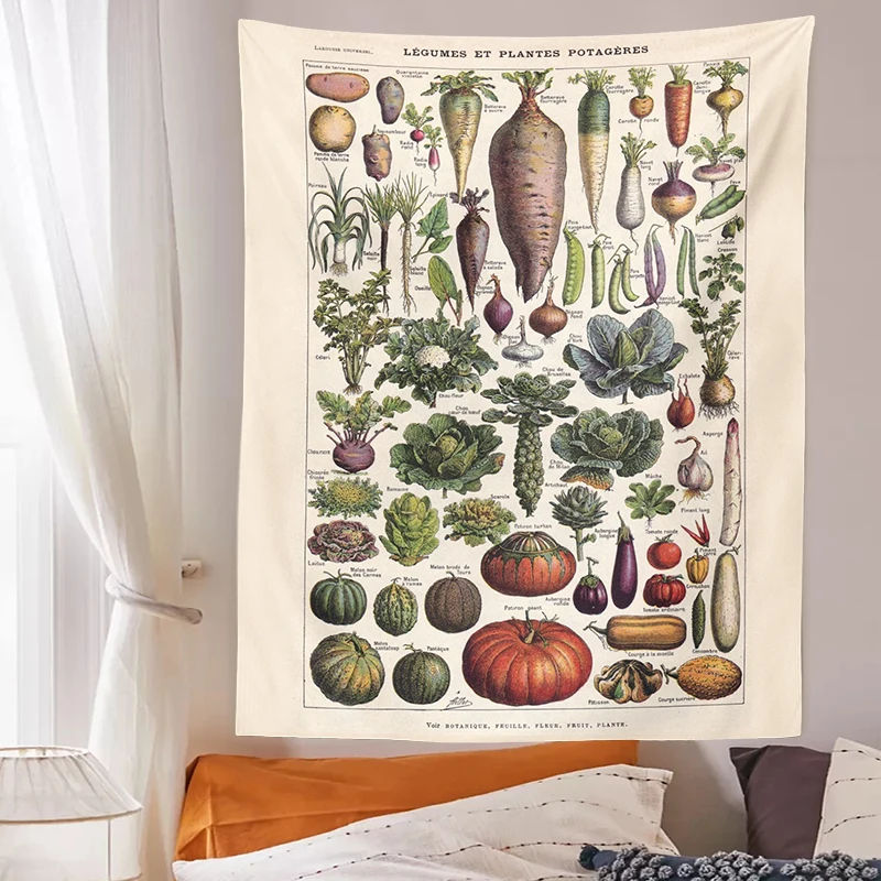 Vegetables and garden plant Tapestry Wall Hanging Botanical Print  Illustration Identification Chart Diagram Wall Art Boho Decor