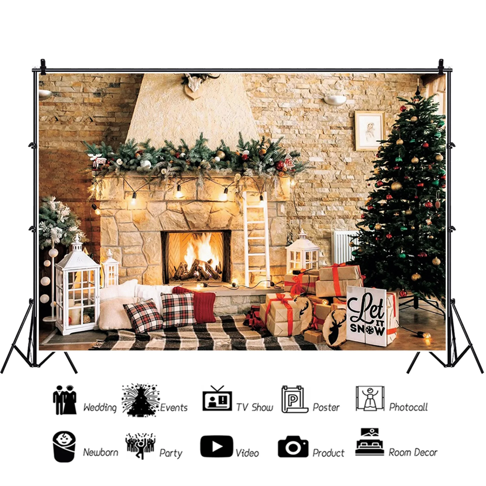 Winter Backgrounds For Photography Merry Christmas Tree Brick Wall Fireplace Wreath Tree Gift Warm Decor Room photo Backdrops