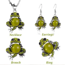 New Fashion Cute Pet Jewelry Set Opal Frog Earring Elastic Ring Necklace Brooch For Women Feature Namour Charm Gift All Seasons