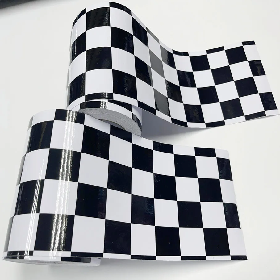 15cm Width Gloss Black White Checkered Racing Flag Sticker Vinyl Self Adhesive Car Wrap Foil Sheet With Air Bubble Free Release