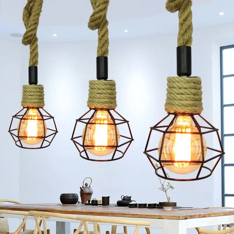 

creative retro hemp rope pendant lamp restaurant bedroom rope lights living room corridor morden iron bird cage hanging lights