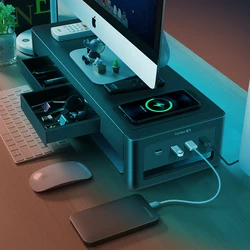 Monitor Stand Riser USB3.0 Hub Support Data Transfer and Wireless Charging with Drawer Storage Box Desk Organizer for Laptop PC