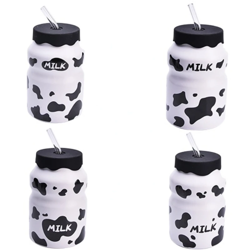 Cow Spot Straw Cup Small and Lovely Children\'s Ceramic Water Bottle with Cover and Straw Korean Simple Cartoon Milk Coffee Cup